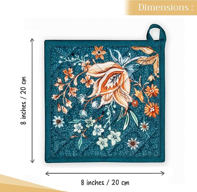 Maison d' Hermine Pot Holders 100% Cotton Heat Resistant Potholders 8" x 8" Hot Pads with Loop for Thanksgiving Christmas Decorations Baking Handling Hot Pans (Pack of 1, Luxury Loft - Dark Teal)