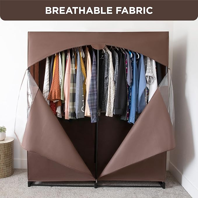 HOLDN’ STORAGE Portable Wardrobe Closet - 65 lb Large Capacity, Internal Heavy Duty Metal Rod, Zipper & Clear Window, Durable Clothes Organizer, Tool-Free Easy Assembly, Brown Canvas Cover