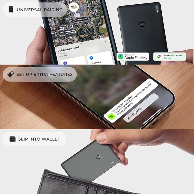 Pebblebee Tracker Card Universal - Rechargeable Slim Item Tracker | Alternative to Air Tag & Android Trackers | 18-Month Battery Life | Works with Both Android & iOS Find My Apps | LED & Sound Alerts