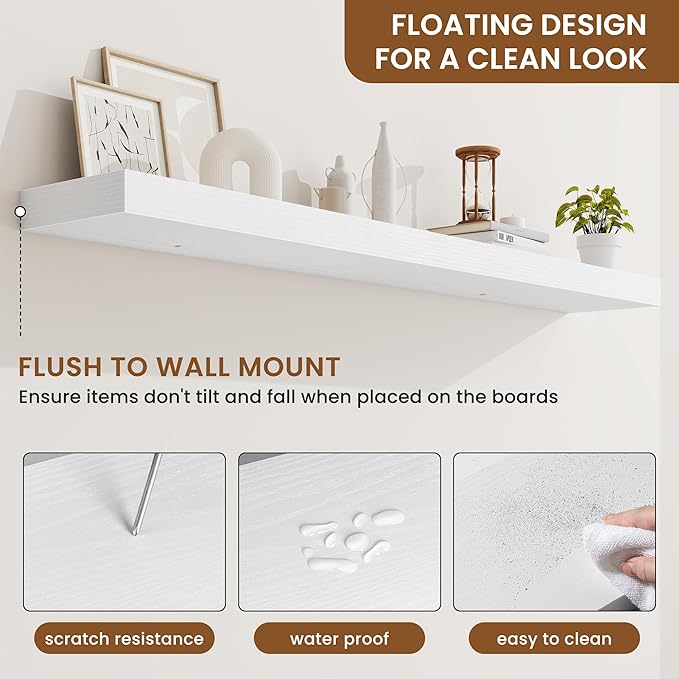 fuqing Floating Shelves for Wall, Wall Mounted Wood Floating Shelf with Invisible Brackets for Living Room, Bathroom, Bedroom, Kitchen Storage and Decor, 55 Inch Set of 2, White