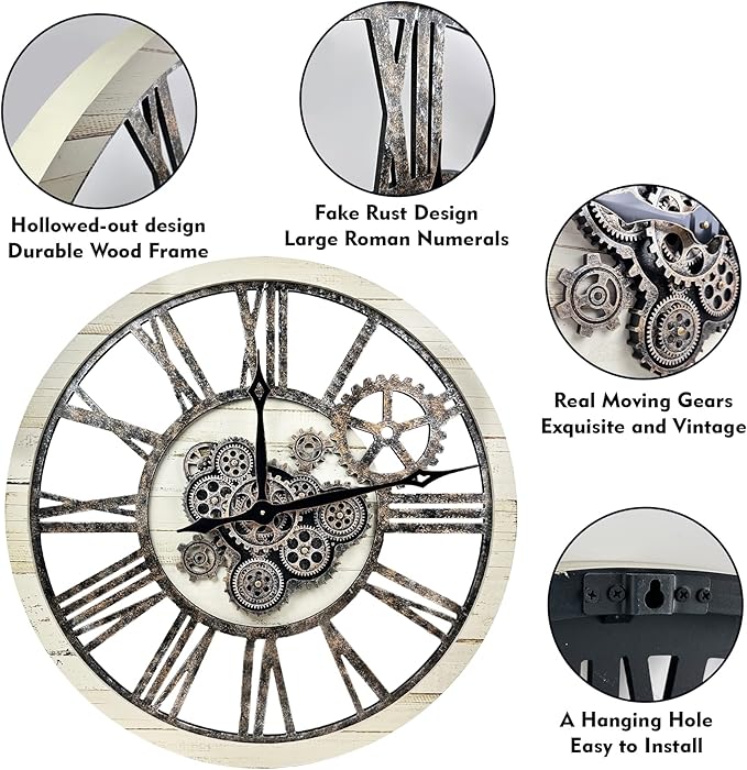 The B-Style Large Real Moving Gears Wall Clock 30 inch Rustic Retro Industrial Farmhouse Wood Clock Oversized Decorative Vintage Wall Clocks for Living Room (Desert Beige and Bronze)