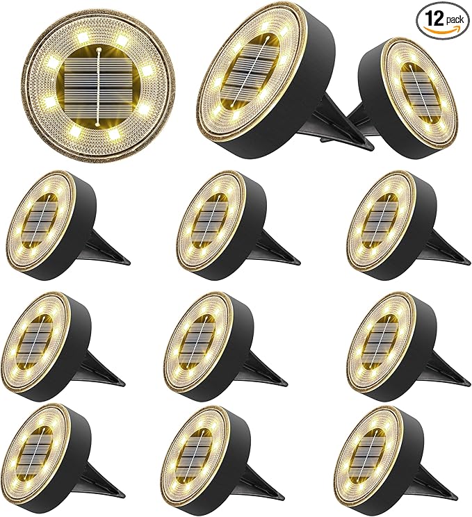 Joomer Solar Ground Lights, 12 Pack 8 LED Solar Lights Outdoor Waterproof IP68 Disc Light Landscape Lighting Garden Light for Patio Pathway Lawn Yard Driveway Walkway(Warm White)