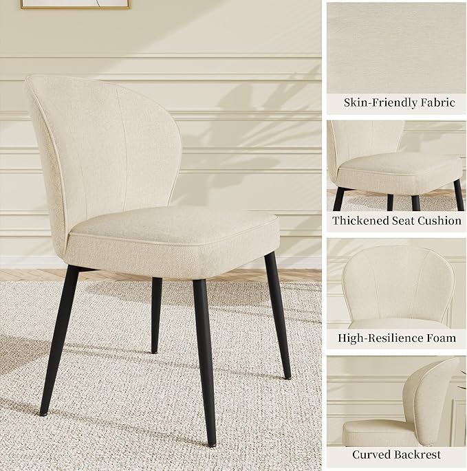 Dining Chairs Set of 4, Modern Fabric Dining Room Chairs with Curved Backrest Well-Padded Seat, Upholstered Kitchen Chairs for Living Dining Room, White