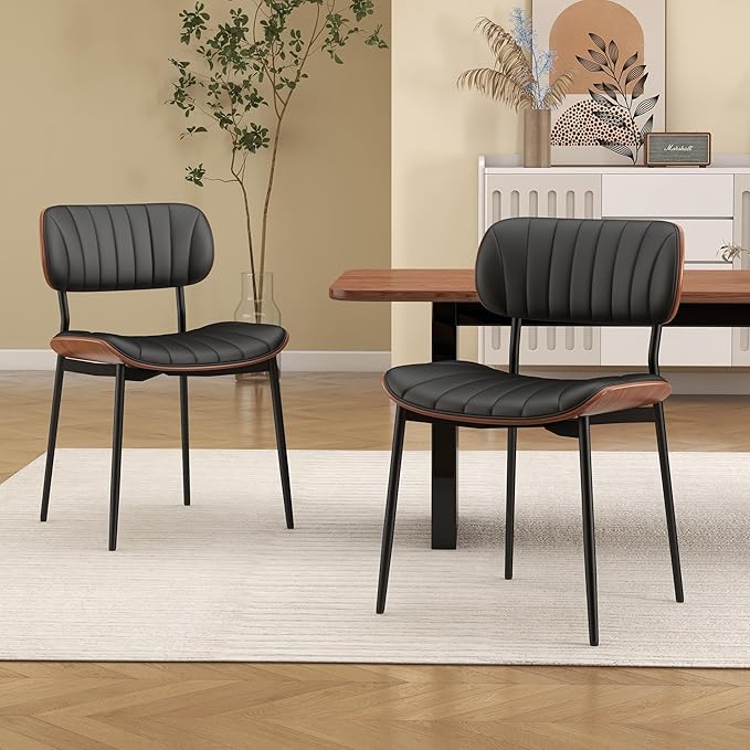Mid Century Modern Dining Chairs Set of 4,Upholstered Faux Leather Kitchen Chairs with Walnut Bentwood Back and Metal Legs for Kitchen Dining Room Living Room, Black