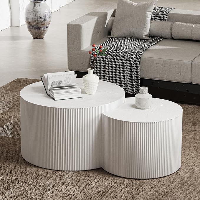 Round Nesting Coffee Table Set of 2, Round Fluted Coffee Tables for Living Room Modern Nesting End Side Tables for Small Spaces (C White)