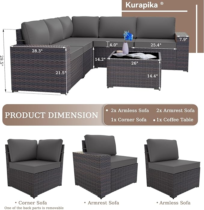 Kurapika 6 Pieces Patio Furniture Set, Rattan Outdoor Conversation Sets w/4 Inch Cushion and Glass Coffee Table(Grey)