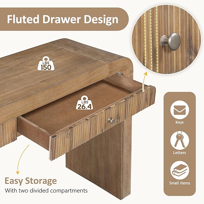 Farmhouse Modern Curved Entryway Console Table 54.3-Inch Sofa Entry Table Fluted Accent Tables with Storage Drawers for Living Room Hallway Furniture, Natural