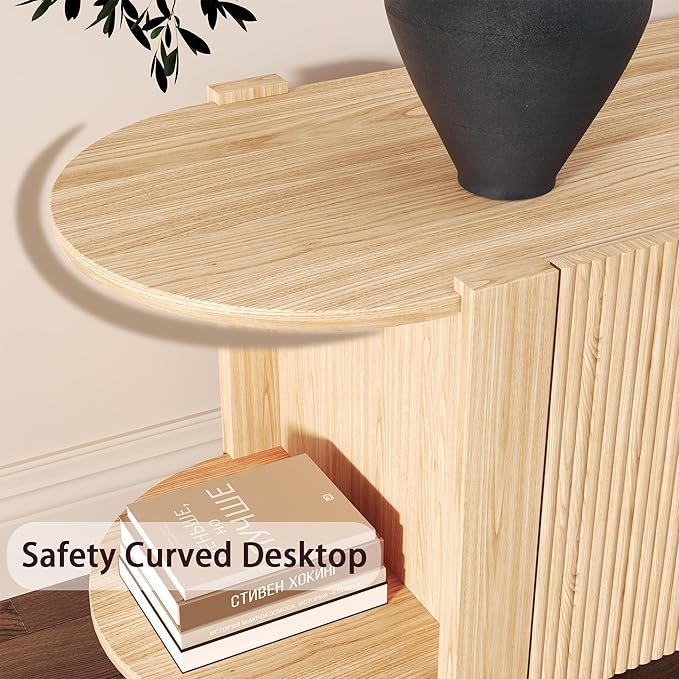 65 Inch TV Stand for Up to 75 inch TVs, Fluted Entertainment Center with Adjustable Shelve, Curved Round Corner TV Console Table with Storage Cabinet for Living Room, Bed Room (Natrual Wood)