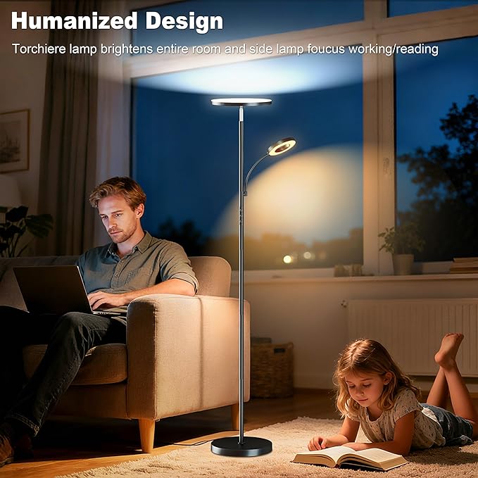 Floor Lamps for Living Room Bedroom, 42W/4300LM Super Bright LED Floor Lamp with Remote and Touch Control, Stepless Dimmable, 69" Tall Standing Lamp with Gooseneck Reading Light for Hotel Office