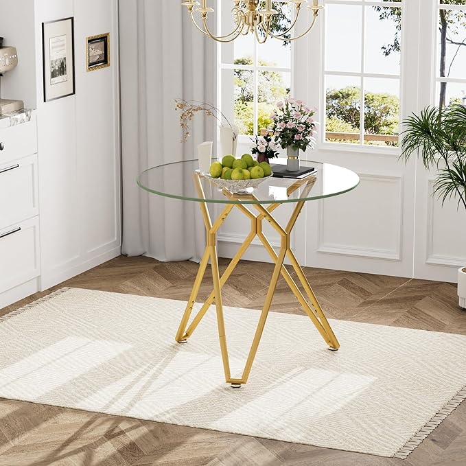 35.4" Round Dining Table for 4, Modern Clear Glass Kitchen Table for 4 with Gold Metal Legs, Compact Small Circle Dining Room Leisure Tables for Kitchen Apartment