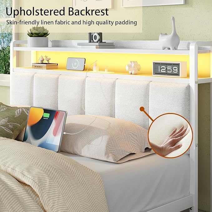 Twin Bed Frames with Charging Station and LED Lights, Metal Platform Bed Frame Twin with Upholstered Storage Headboard, Heavy Duty Metal Slats Support, No Box Spring Needed, Easy Assembly, White
