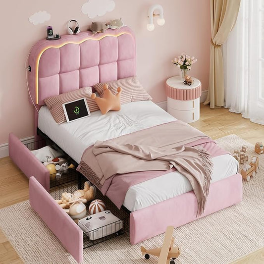 Twin Bed Frame with Storage Drawers and Headborad, Upholstered LED Twin Size Platform Bed Frame for Kids – Sturdy Metal Bed Frame Twin with Wood Slats Support, No Box Spring Needed, Pink