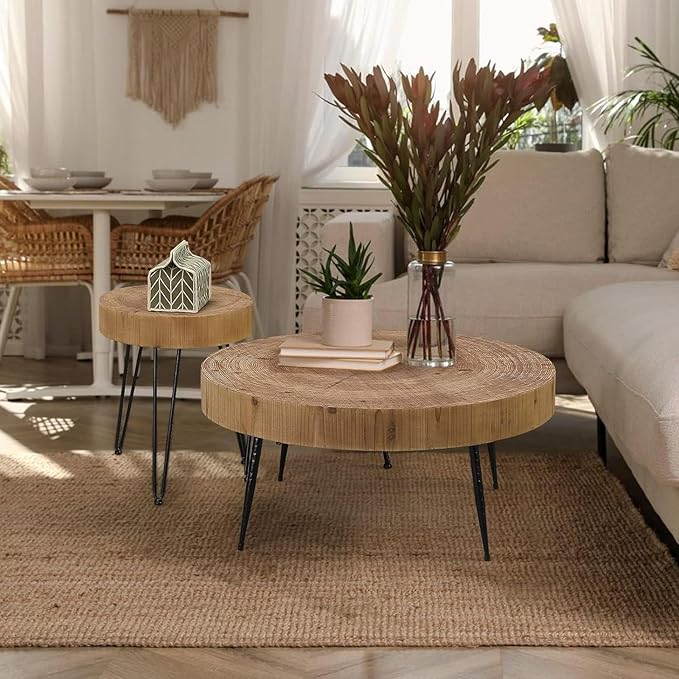 RUSTOWN Farmhouse Round Coffee Table Set of 2, Natural Wood Finish with Unique Ring Design, Modern Circle Side and End Table Sets for Living Room, Natural
