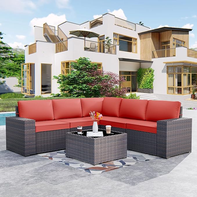 Kurapika 6 Pieces Patio Furniture Set, Rattan Wicker Outdoor Conversation Sets w/4 Inch Cushion and Glass Coffee Table(Red)