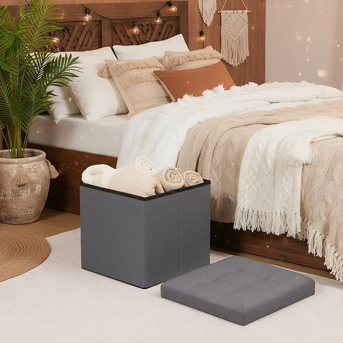 B FSOBEIIALEO Storage Ottoman Cube Foldable Footrest, Chest & Seat for Living Room, Nursery, Bedroom 12.6 Inch Cube (Linen Grey)