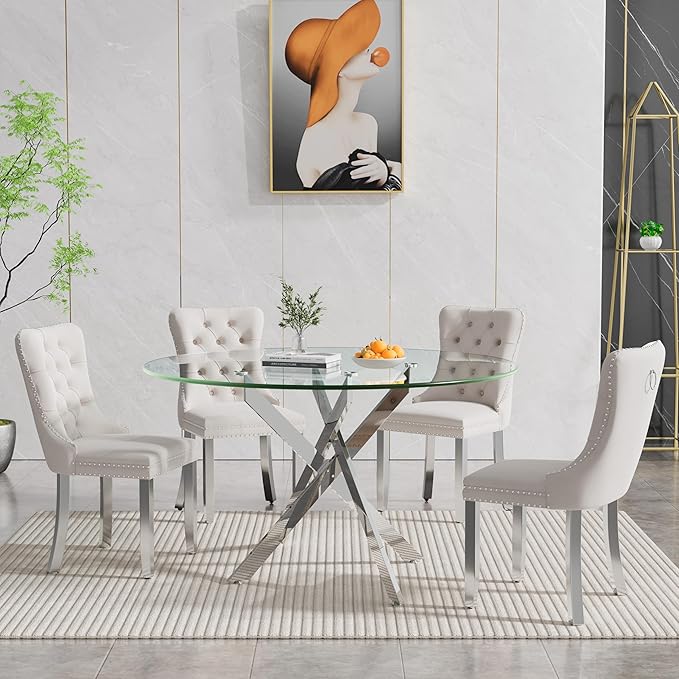 47.24" Round Glass Dining Room Table for 6 with Tempered Glass Top and Silver Metal Legs, Modern Clear Kitchen and Dinner Table for Home Office Dining Room