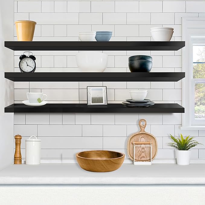 Sorbus Floating Shelves for Wall - 55 Inch Extra-Long Bathroom Shelves, Wall Decor for Bedroom, Kitchen, Living Room, Book Storage - Mounted Floating Shelf with Hidden Brackets (Black, 3 Pack)