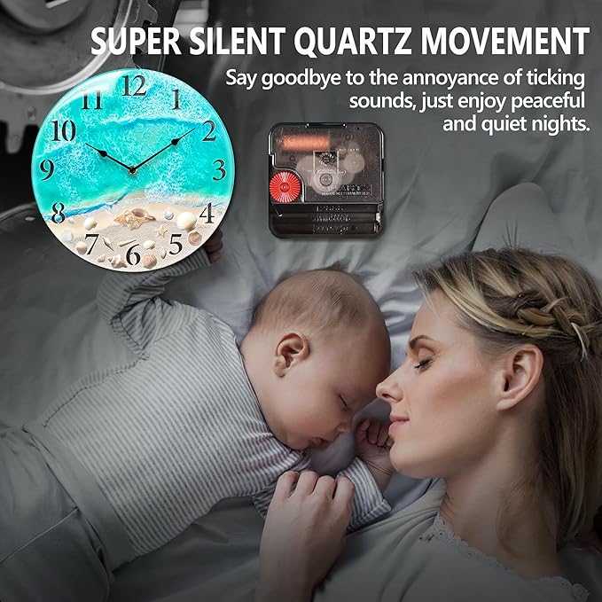 Coastal Nautical Glass Wall Clock with Seashell Design and Aesthetic Beach Theme - Battery Operated Silent Wall Decor for Home, Kitchen, Living Room, Office, Bedroom, or Bathroom (14 Inch,Teal)