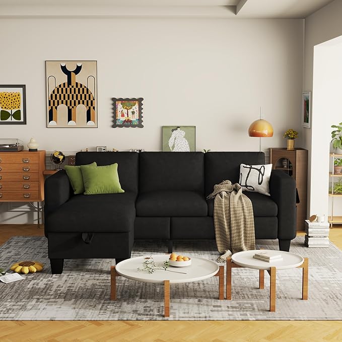 ZeeFu Convertible Sectional Sofa Couch: Classic 3 Seat L-Shaped Sectional Sofa Couches with Storage Ottoman - Modern Black Velvet Upholstered Sofa Set for Living Room Office Small Space Apartment