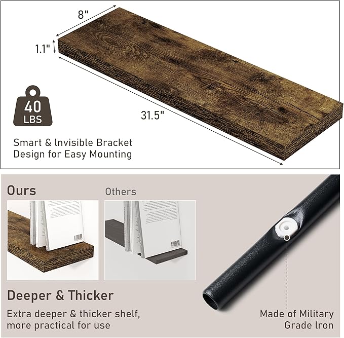 Floating Shelves for Wall, 32W x 8D Floating Wall Shelves with Invisible Brackets Set of 2, Hanging Rustic Wood Shelf Decoration for Bedroom, Bathroom, Living Room and Kitchen, Rustic Brown