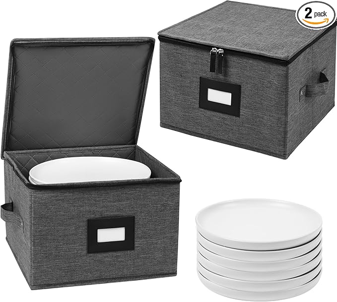 Mayniu China Storage Containers Hard Shell, 12" Plate Storage Containers for Dishes, Stackable Dinnerware Storage with 24 Felt Dividers (2 Pack Black)