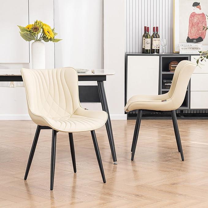 Kidol & Shellder Beige Dining Chairs Set of 2,Faux Leather Upholstered Mid Century Modern Kitchen&Dining Room Chair with Back,Ergonomic Armless Vanity&Living Room Chair with Metal Legs