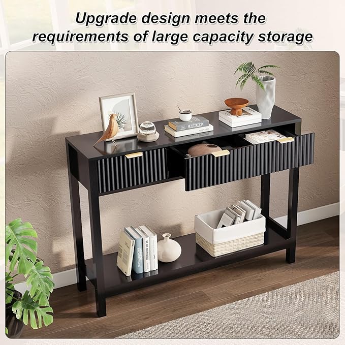 Fluted Console Table, Wooden Sofa Table with Storage and Drawers, Farmhouse Behind Couch Table Entryway Table for Entrance, Hallway, Living Room, Black
