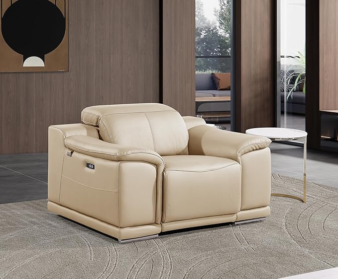 Blackjack Furniture Venice Top Grain Italian Leather Power Recliner Chair with Adjustable Headrest Modern Luxury Seating for Living Room Lounge, Beige