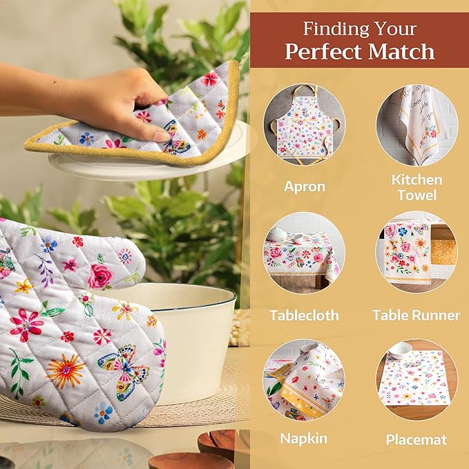 Maison d' Hermine 100% Cotton Oven Mitt & Pot Holder Set (7.5"x13" & 8"x8") Heat Resistant BBQ Cooking Gloves with Loop, Grilling, Kitchen, Handling Hot Pans Spring/Summer (Happy Florals - Sweety)