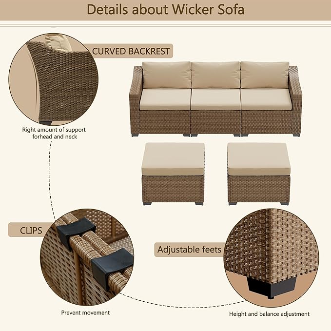 LHBcraft Patio Conversation Set Rattan Outdoor Sectional Furniture Sofa Set Wicker Couch with Coffee Table and Cushions for Poolside, Backyard (Yellow-Beige, 5-PCS)