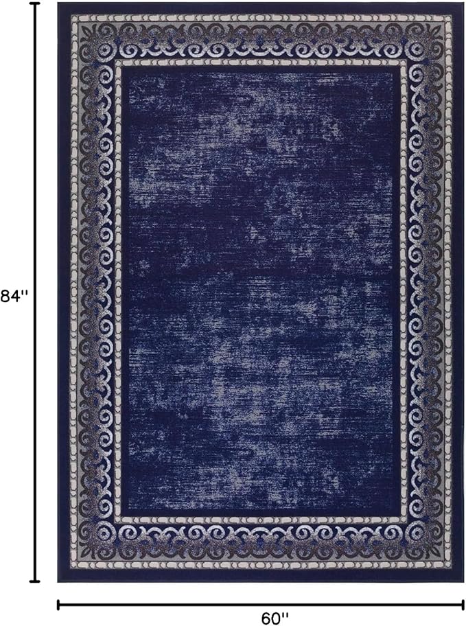 Antep Rugs Alfombras Bordered Modern 5x7 Non-Slip (Non-Skid) Low Pile Rubber Backing Indoor Area Rug (Navy, 5' x 7')
