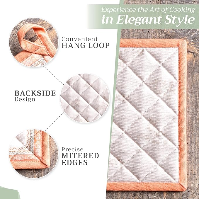 Maison d' Hermine 100% Cotton Oven Mitt & Pot Holder Set (7.5"x13" & 8"x8") Heat Resistant BBQ Cooking Gloves with Loop for Thanksgiving Christmas Decorations Handling Hot Pans (Giving Thanks)