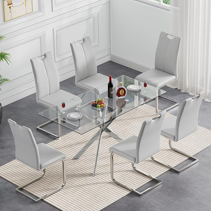 51'' Silver Glass Dining Table Set for 6,7 Piece Kitchen Table and Chairs Set with Metal Legs and 6 PU Leather Dining Chairs for Kitchen Room Small Spaces