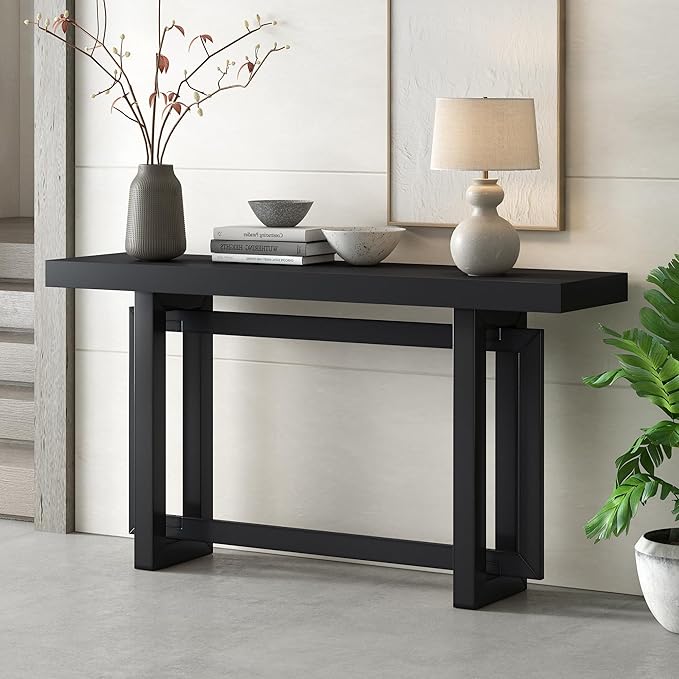 Knocbel Contemporary Console Table with Industrial-Inspired Concrete Wood Top, Minimalist Rectangular Entryway Table for Hallway Living Room Foyer Corridor, 59.1" W x 15.7" D x 31.7" H Black