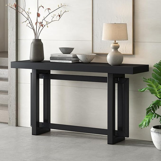 Knocbel Contemporary Console Table with Industrial-Inspired Concrete Wood Top, Minimalist Rectangular Entryway Table for Hallway Living Room Foyer Corridor, 59.1" W x 15.7" D x 31.7" H Black