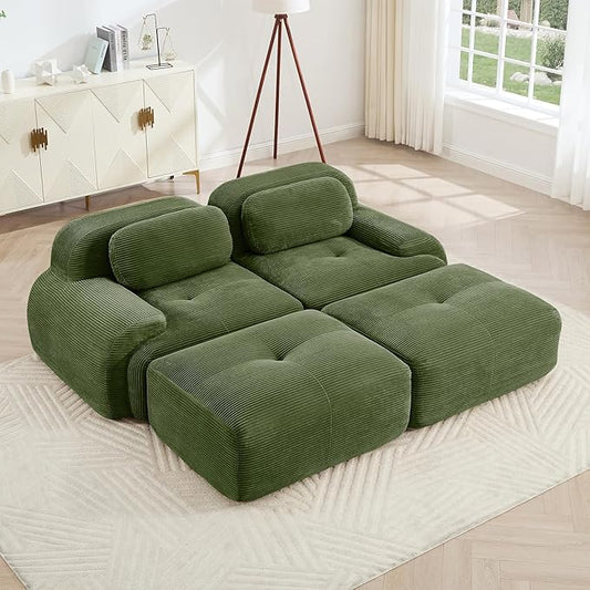 80" Modern Corduroy Boneless Love Seat Couches with 2 Ottomans, 2 Seater Large Sectional Couches for Living Room, Green Cloud Modular Sectional Sofa, Memory Foam, Extra Deep Loveseat, No Assembly