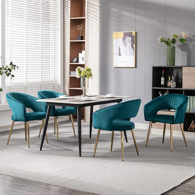 Modern Velvet Dining Chairs Set of 6, Upholstered Gold Dining Chairs with Hollow Back, Dining Room Chairs with Gold Legs, Accent Armrest Kitchen Chairs for Living Room Reception Teal Blue