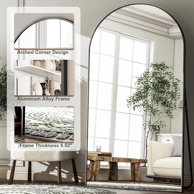 HARRITPURE 86x46 inch Full Length Mirror - Oversized Arched Mirror Aluminum Frame Full Body Floor Mirror with Stand for Living Room,Bedroom,Cloakroom,Black