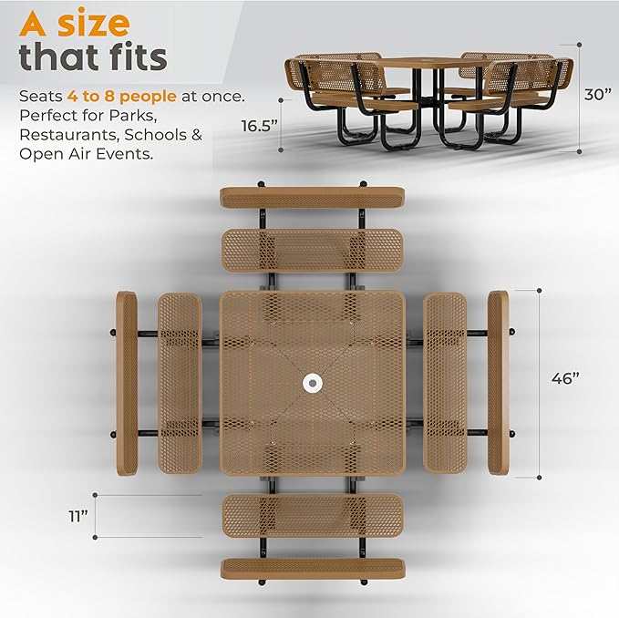 Metal Picnic Tables for Outdoors with Umbrella Hole - Coated Steel Heavy Duty Commercial Grade Furniture with Adjustable Seats (Brown, 46 in, Square with Back, Expanded Steel)