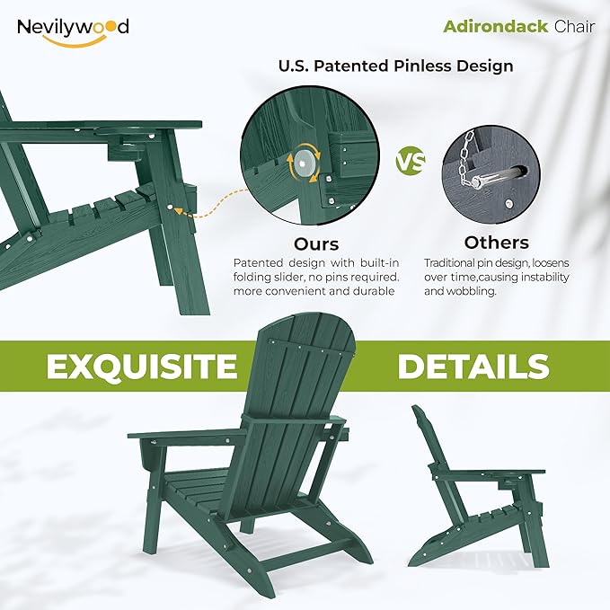 nevilywood Folding Adirondack Chair - Extended Ergonomic Backrest, Cup Holder - Easy Assembly - Durable HDPE Plastic, Weather Resistant & Maintenance-Free - Lawn, Patio, Deck Supports 380lbs,Green