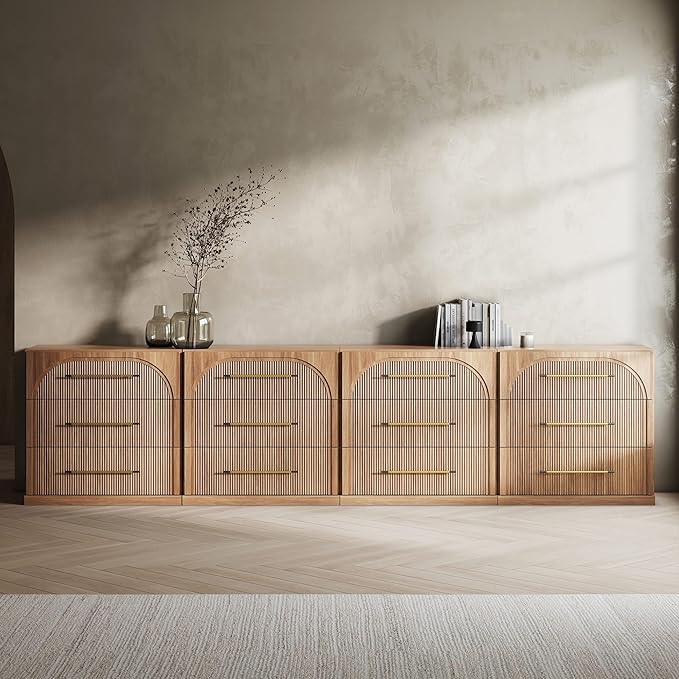 BELLEZE Set of 4 Fluted Modular Sideboard Cabinet, Classic Modern Buffet Cabinet with 3 Drawers, Accent Credenza Storage Cabinet for Dining Room Living Room Entryway (Camel)