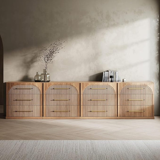 BELLEZE Set of 4 Fluted Modular Sideboard Cabinet, Classic Modern Buffet Cabinet with 3 Drawers, Accent Credenza Storage Cabinet for Dining Room Living Room Entryway (Camel)