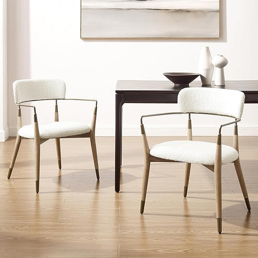 Art Leon Mid Century Modern Dining Chairs - Boucle Fabric Upholstered Dining Room Chairs with Wood Legs, Accent Arm Chair with Open Backrest, Set of 2, White