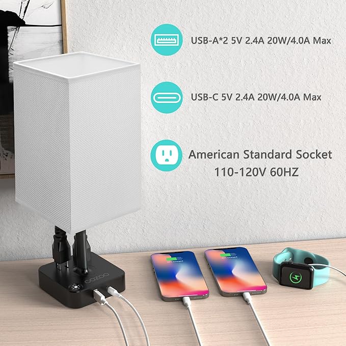 Table Lamp Dimmable cozoo USB Bedside Table Desk Lamp with 2 USB Charging Port(A+C) 2 Outlet,Nightstand Lamp with Charger Base White Fabric Shade,LED Touch Lamp for Bedroom/LivingRoom/Dorm/Home Office