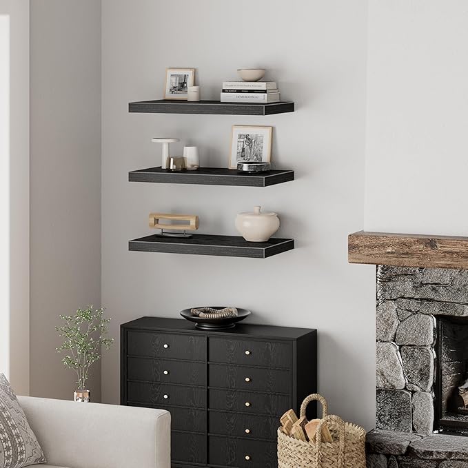 QEEIG 10" Deep Floating Shelves for Wall - 10 x 24 inch Book Shelf Bathroom Bedroom Kitchen Living Room Hanging Bookshelf Farmhouse Set of 3, Black (025-60B3)