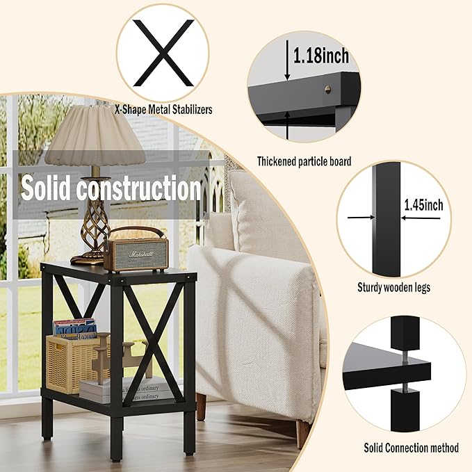 Narrow End Table, Large Sofa Side Table, Farmhouse Nightstand with Storage Shelve, Slim Bedside Table for Living, Room Bedroom, Lounge Black MLBZ17B