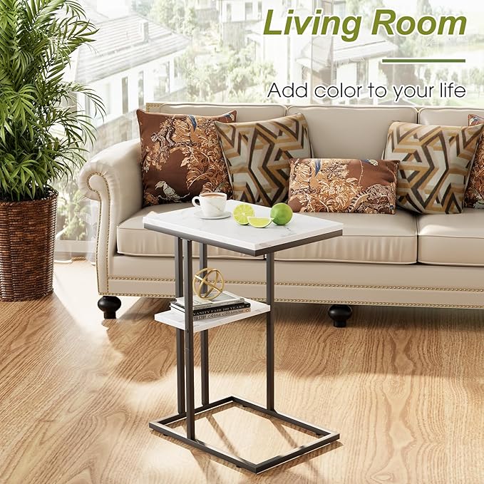 C Shaped End Side Table, Couch Sofa Table for Small Space, Black Snack Table with Metal Frame, TV Tray Table for Bed, Living Room, Bedroom, Bedside(White Marble)