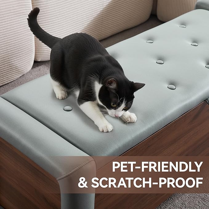 48" Large Storage Ottoman Bench, Faux Leather Upholstered Bed Bench with Button Tufted, End of Bed Ottoman with Safety Hinge for Bedroom, Living Room, Window，or Entryway, Olive Gray Shoe Storage Chest