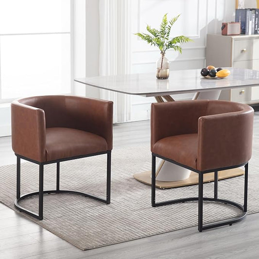 Faux Leather Dining Chairs Set of 2 Modern Barrel Arm Chairs with Black Metal Frame, Upholstered Kitchen Chairs 18.5" Wide Accent Chairs for Living Room Dining Room Restaurant, Brown