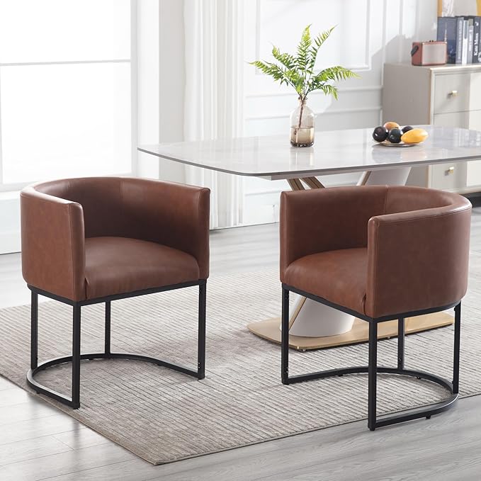 Faux Leather Dining Chairs Set of 8 Modern Barrel Arm Chairs with Black Metal Frame, Upholstered Kitchen Chairs 18.5" Wide Accent Chairs for Living Room Dining Room Restaurant, Brown